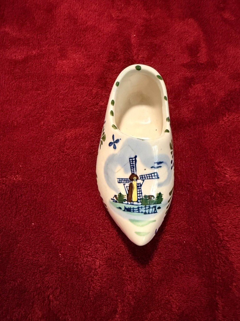 Hand-Painted Delft-Style Ceramic Clog - White with Blue & Green Windmill Motif